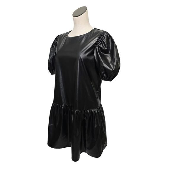 NWT English Factory Dress Women Large Black Puff Sleeve Faux Leather‎ Mini Shift - Picture 1 of 12